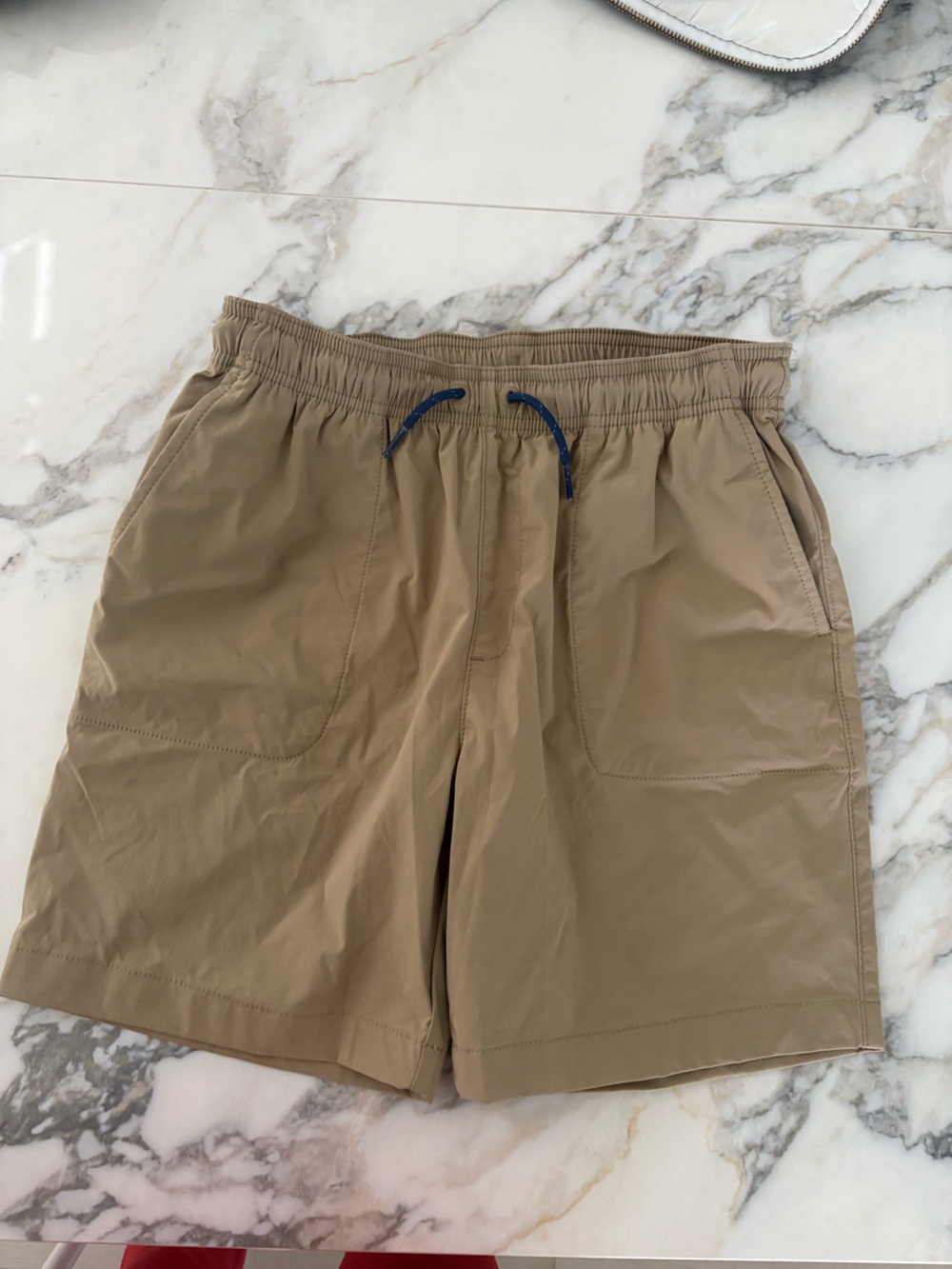 Crewcuts Tan Elastic-Waist Drawstring Active Shorts with Blue Drawcord